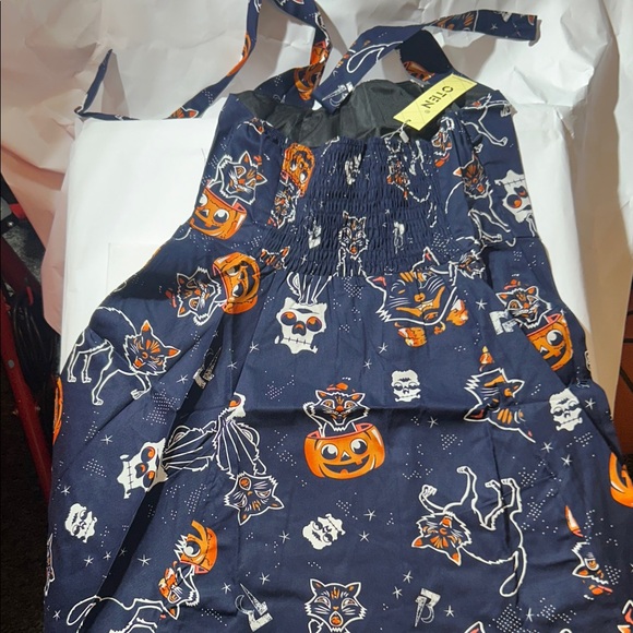 Oten Halloween Cats, Pumkins, Skulls - Women's Sun Dress w/ Lace - Navy/Orange - Picture 4 of 6